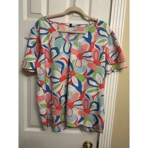 Michelle McDowell Womens Floral V-Neck Tiered Ruffle Sleeve Top Multicolor L